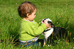 kid with Boston Terrier Puppy