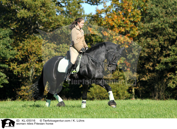 woman rides Friesian horse / KL-05016