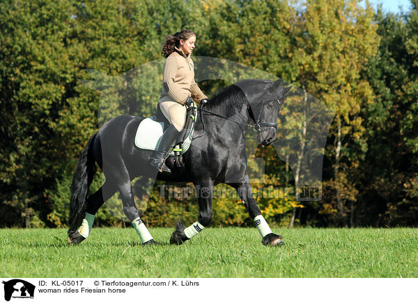 woman rides Friesian horse / KL-05017