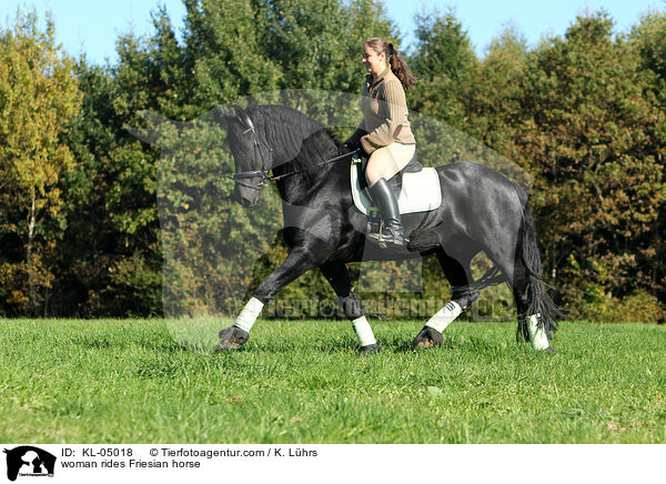 woman rides Friesian horse / KL-05018