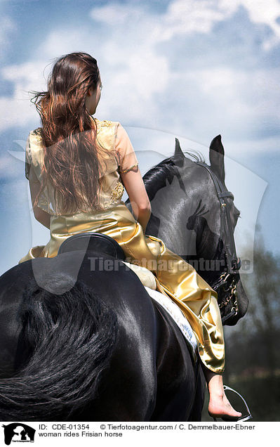 woman rides Frisian horse / CDE-01354